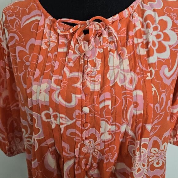 Olivaceous Popover Blouse Small Orange Pink Floral Retro 70s Inspired Pintuck - Picture 2 of 11